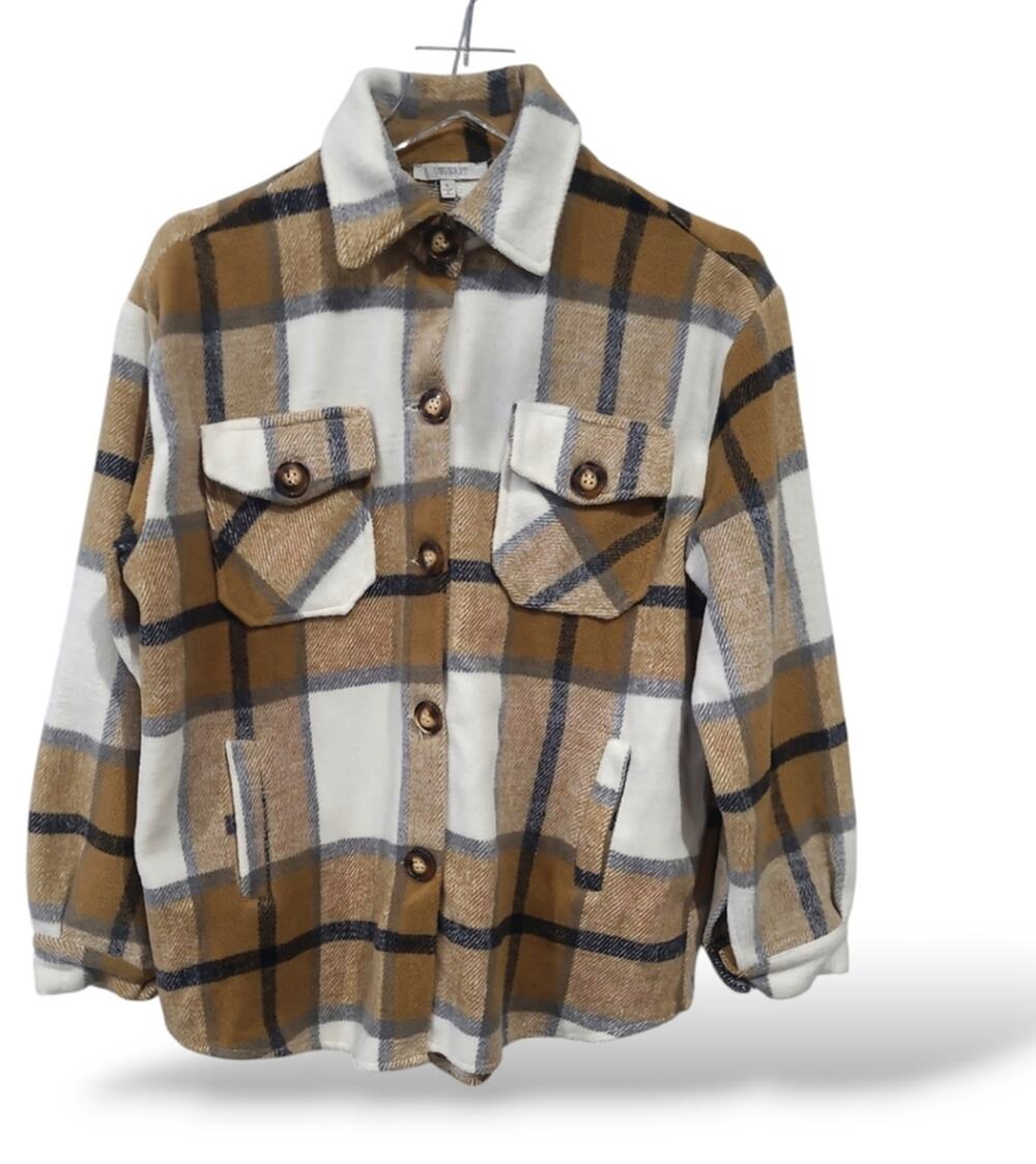 Veveret Womens Small Shacket Flannel Jacket Brown Cream Black Pockets Super Soft